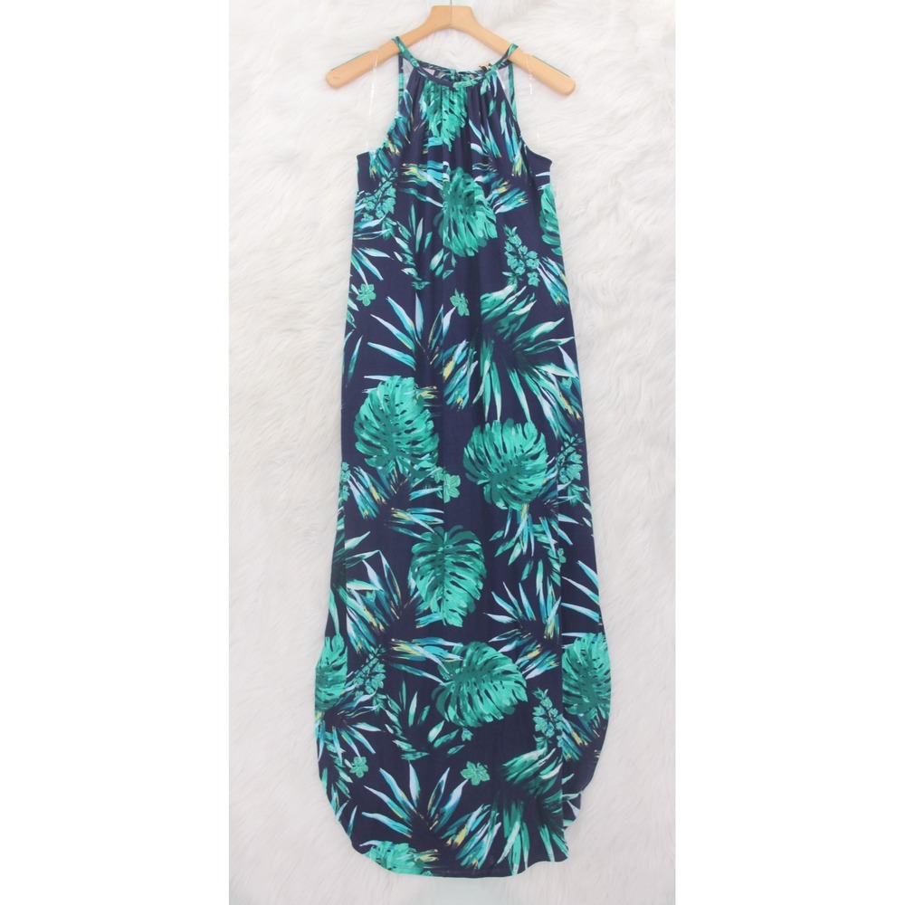 NWT Wrapper Dress Women Large Green Blue Tropical Split Hem Leaves Resort Beach